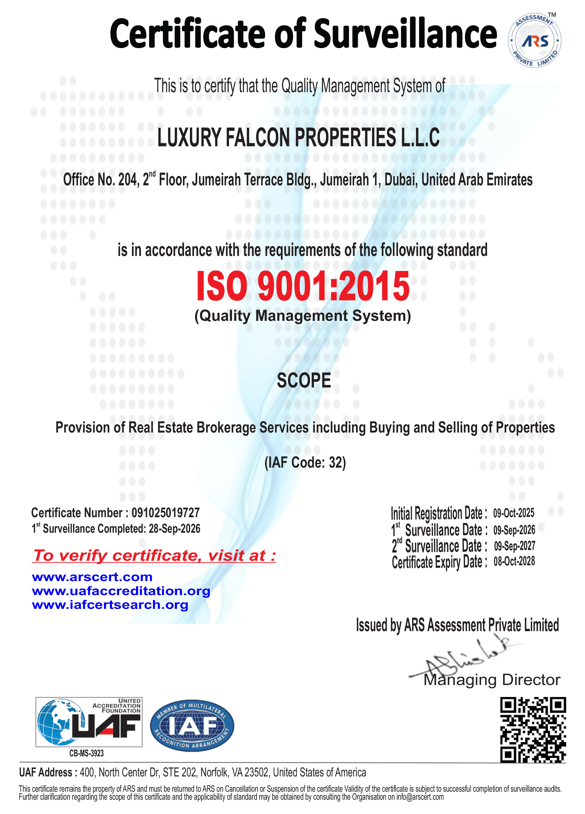 ISO 9001:2015 certificate for Luxury Falcon Properties LLC