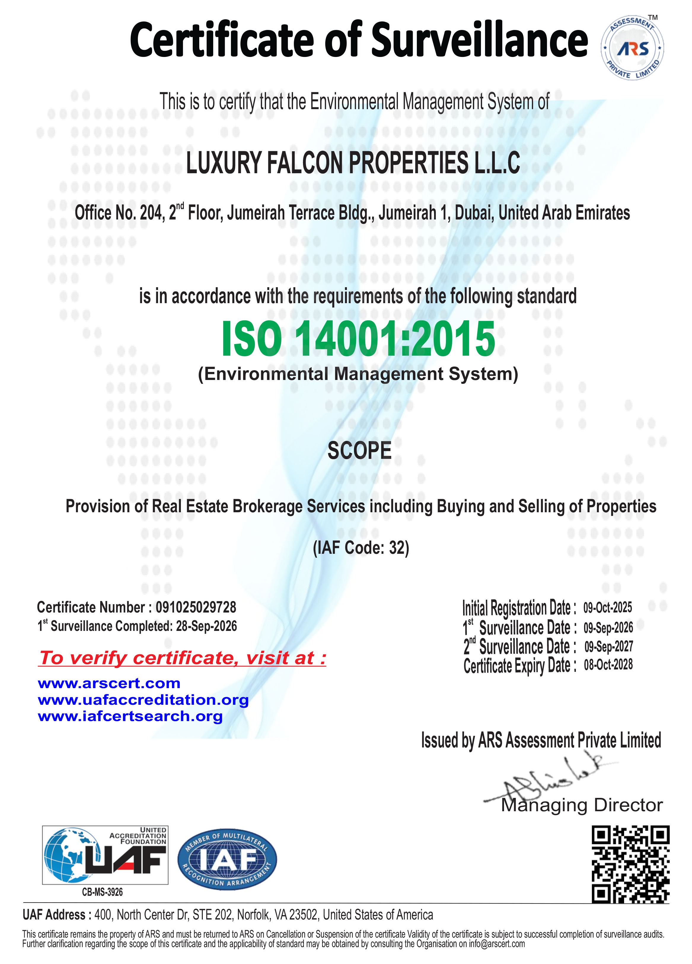 ISO 14001:2015 certificate for Luxury Falcon Properties LLC