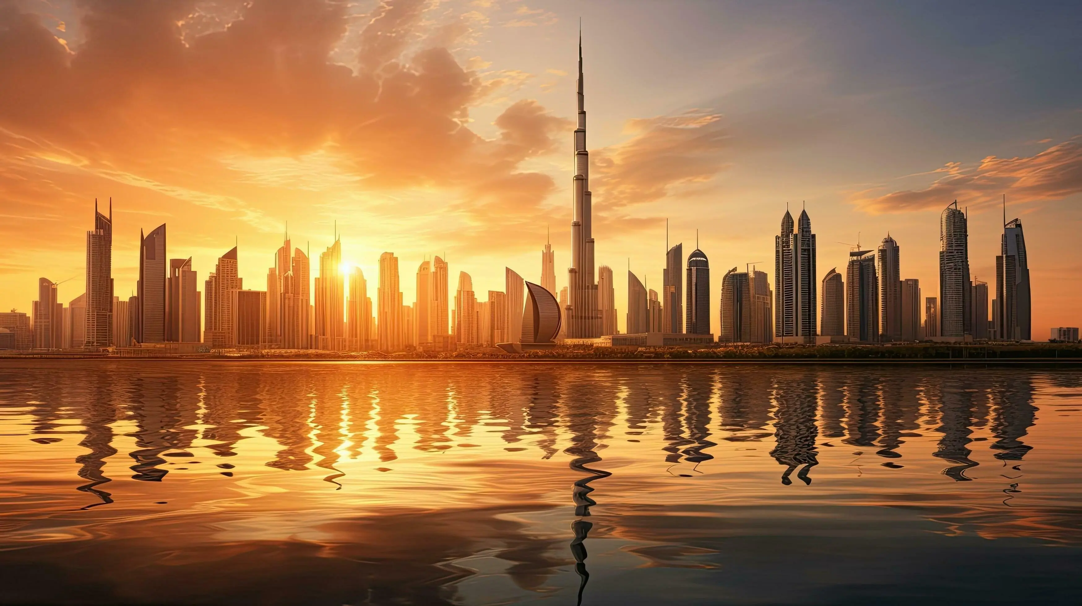 Dubai skyline reflected on the water at golden hour